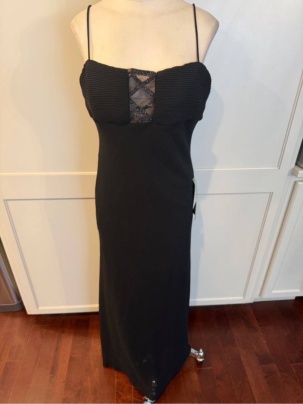 Vintage 90s Black Spaghetti-Strap Evening Dress with Beaded Bodice